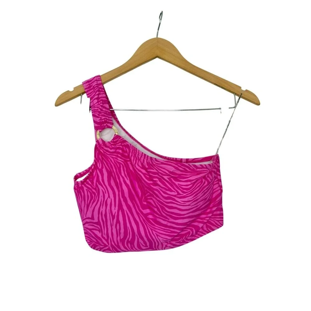 Michael Kors Pink Zebra One Shoulder Bikini Top Gold Ring Detail NWT Large